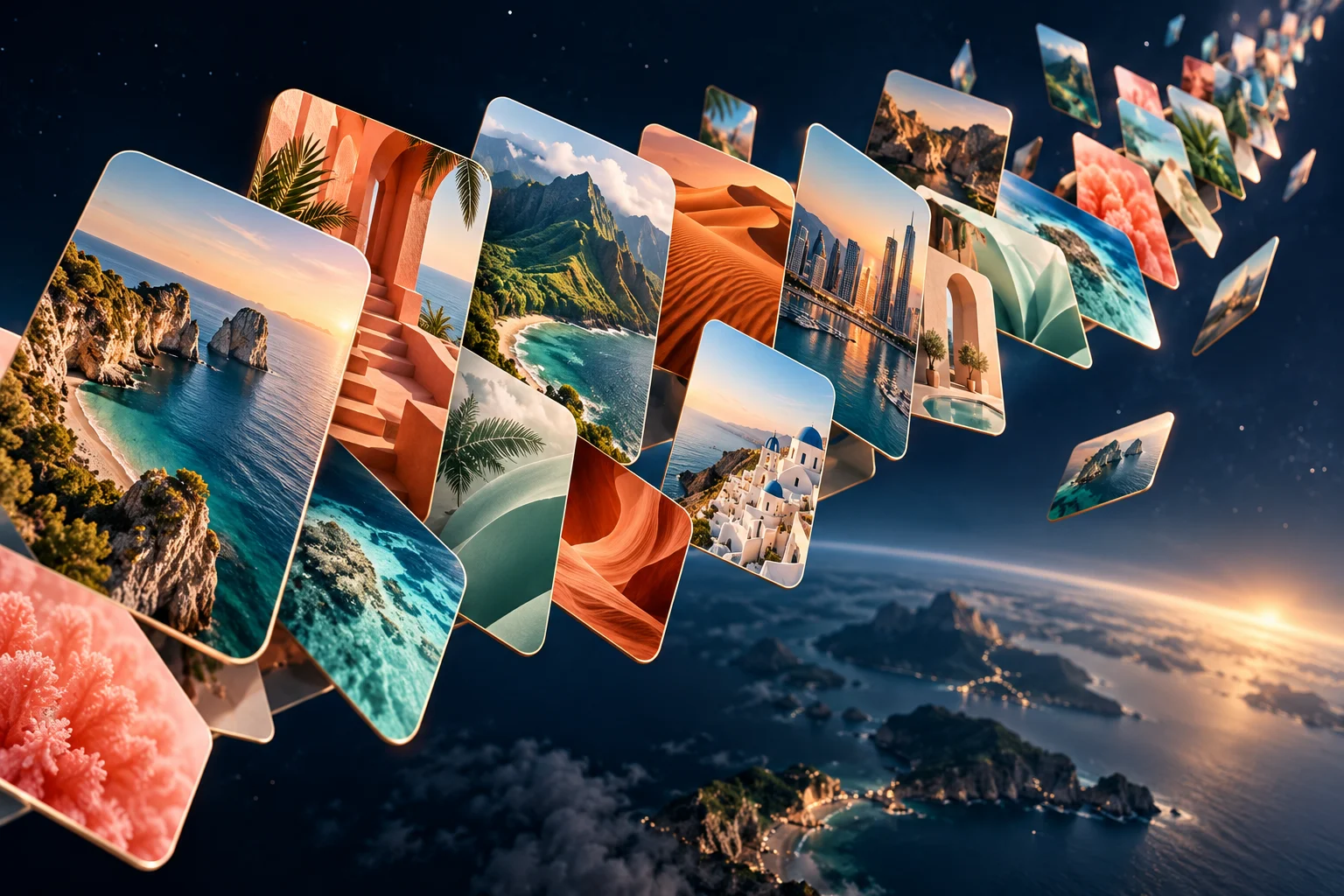A sculptural cascade of colourful cards with destinations and landscapes